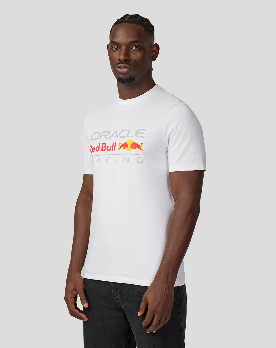 Male model wearing white Oracle Red Bull Racing T-shirt with large front logo.