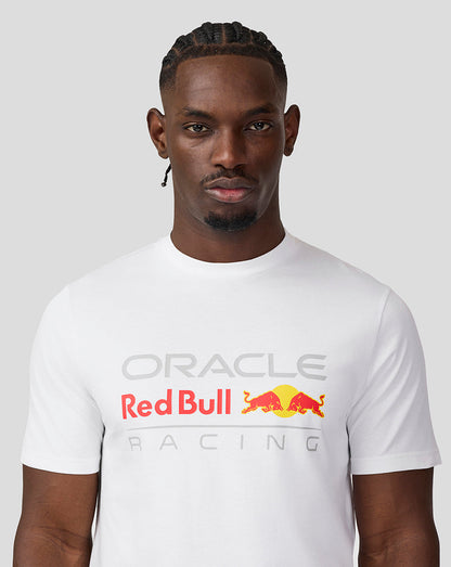 Front view of a male model wearing white Oracle Red Bull Racing T-shirt with a large logo on the chest.