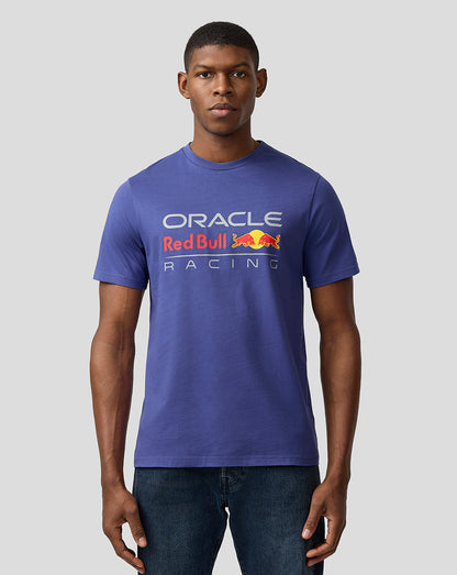 Male model wearing a Skipper Blue Oracle Red Bull Racing T Shirt with a large front logo.