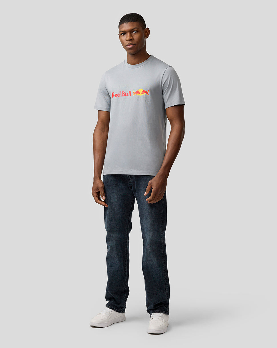 Male model wearing light gray Oracle Red Bull Racing T-shirt with large front logo.