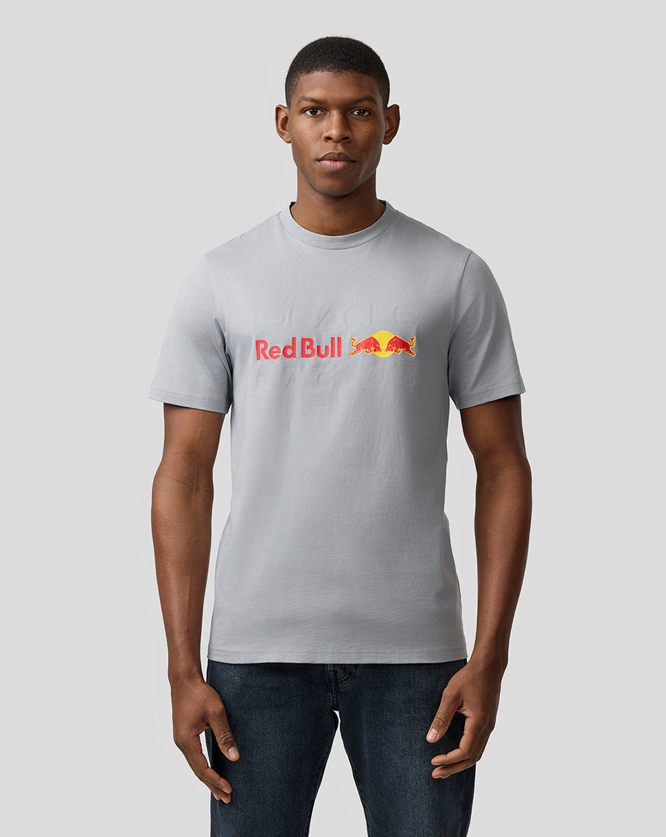 Man wearing a light gray Oracle Red Bull Racing unisex T shirt with a large front logo.