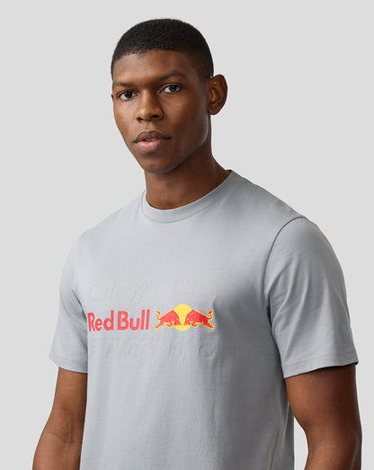 Male model wearing a light gray Oracle Red Bull Racing T shirt with a large front graphic.