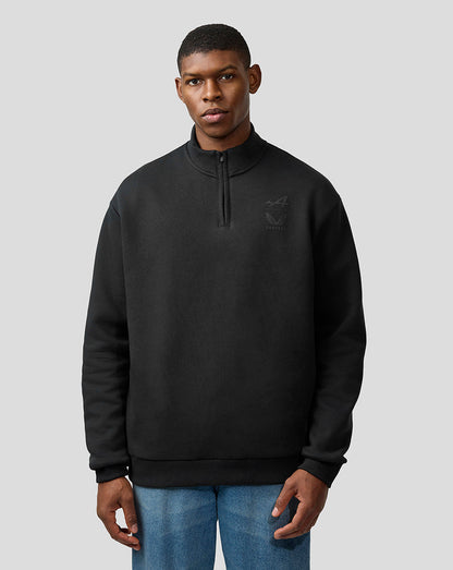 Unisex black Alpine Castore quarter zip pullover with funnel neck and stacked chest logos.