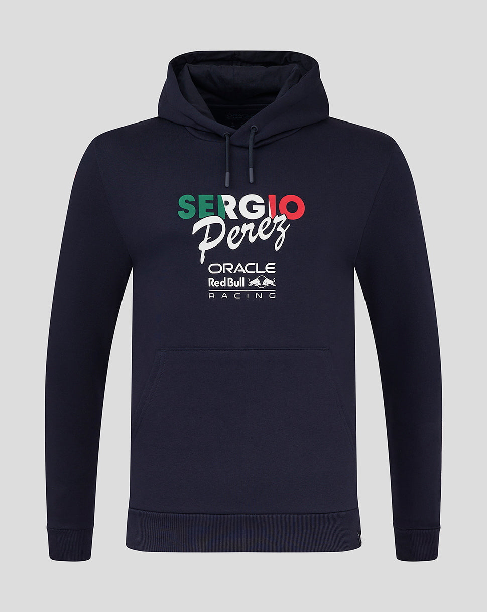 Night Sky navy unisex hoodie with Sergio Perez graphic and Oracle Red Bull Racing branding and a front kangaroo pocket.