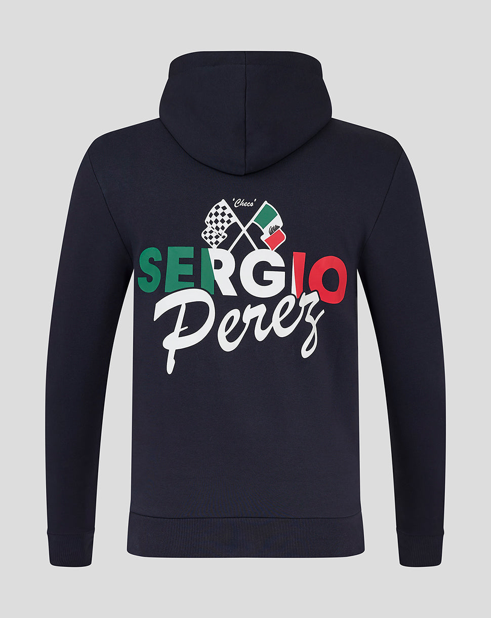 Navy unisex hoodie with Sergio Perez flag graphic and crossed flags on the back