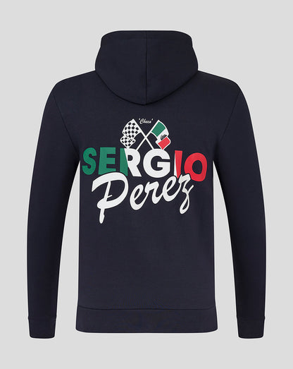 Navy unisex hoodie with Sergio Perez flag graphic and crossed flags on the back