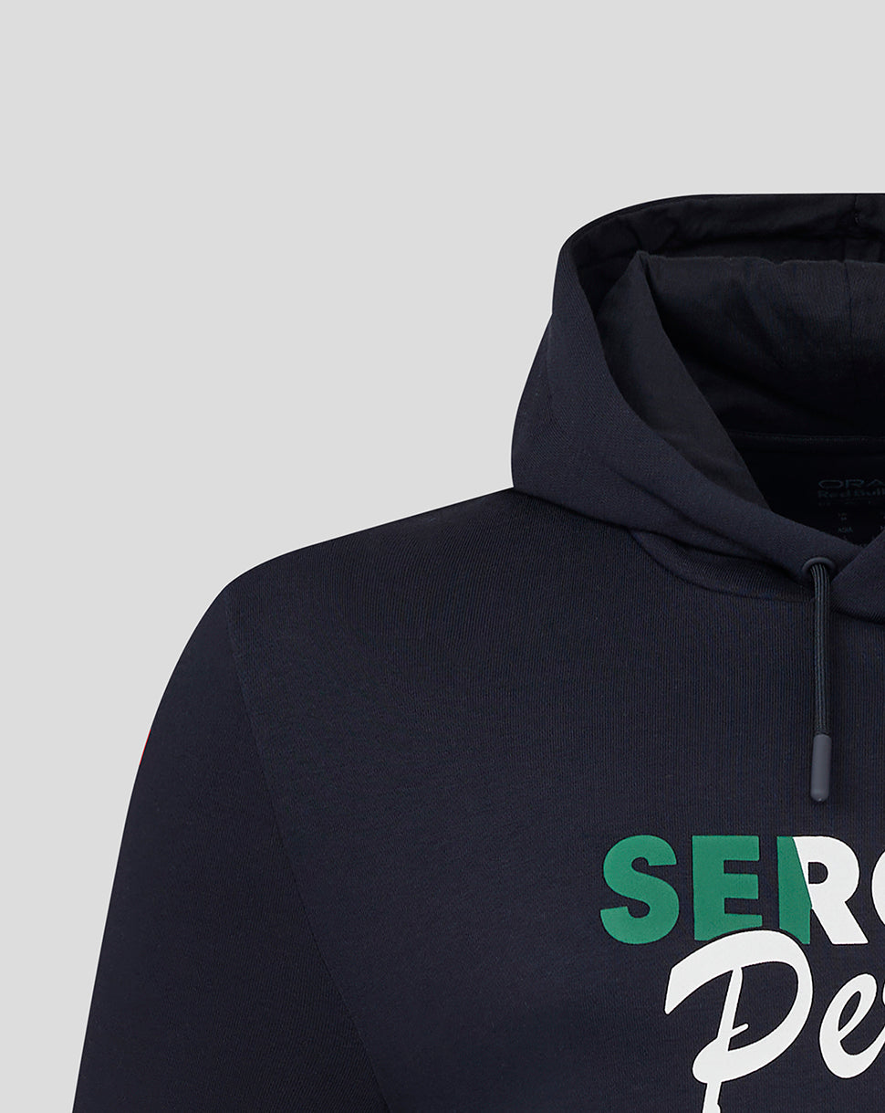 Unisex navy Sergio Perez flag pullover hoodie with drawstring hood and front kangaroo pocket.