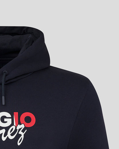 Hood with drawcord and partial Sergio Perez graphic on a navy hoodie