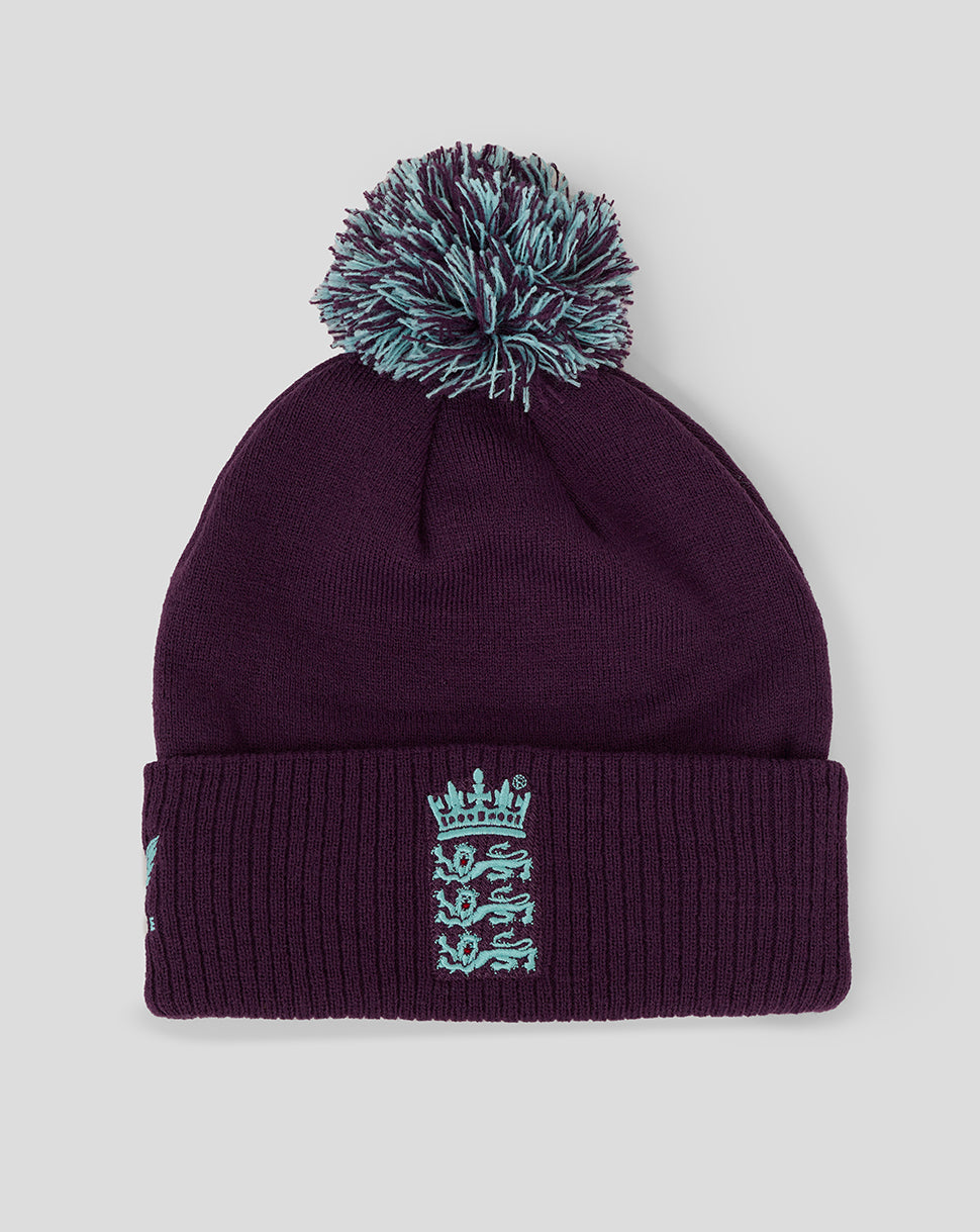 England Cricket Training Bobble Hat deep purple knit with teal crest on folded cuff and teal pom