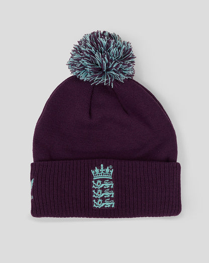England Cricket Training Bobble Hat deep purple knit with teal crest on folded cuff and teal pom