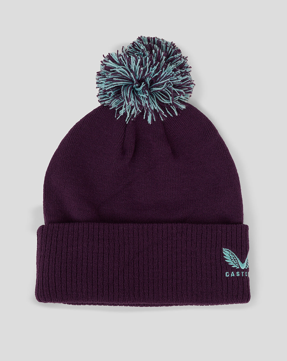 England Cricket Training Bobble Hat purple knit with teal crest on cuff and Castore motif on the side