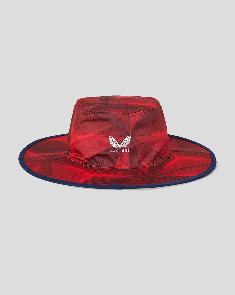 Reversible red England cricket hat with a wide navy edge brim and white team crest