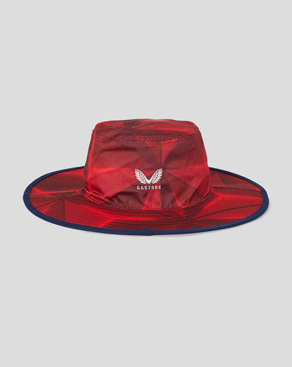 Reversible red England cricket hat with a wide navy edge brim and white team crest