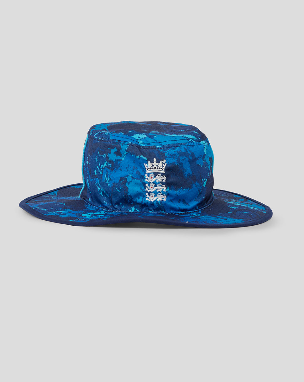 Reversible blue camo print England ODI wide brim hat with Three Lions crest and turquoise piping