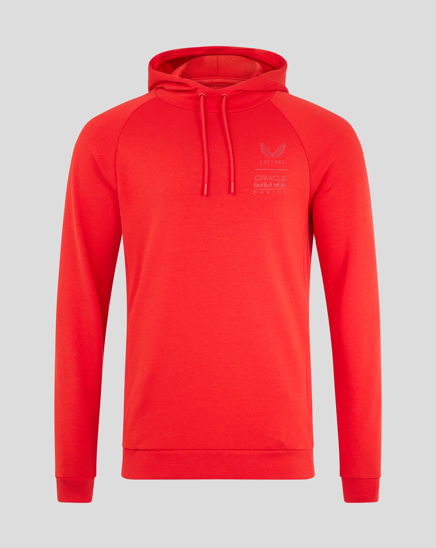 Flame Scarlet unisex overhead hoodie with chest logo and drawstrings