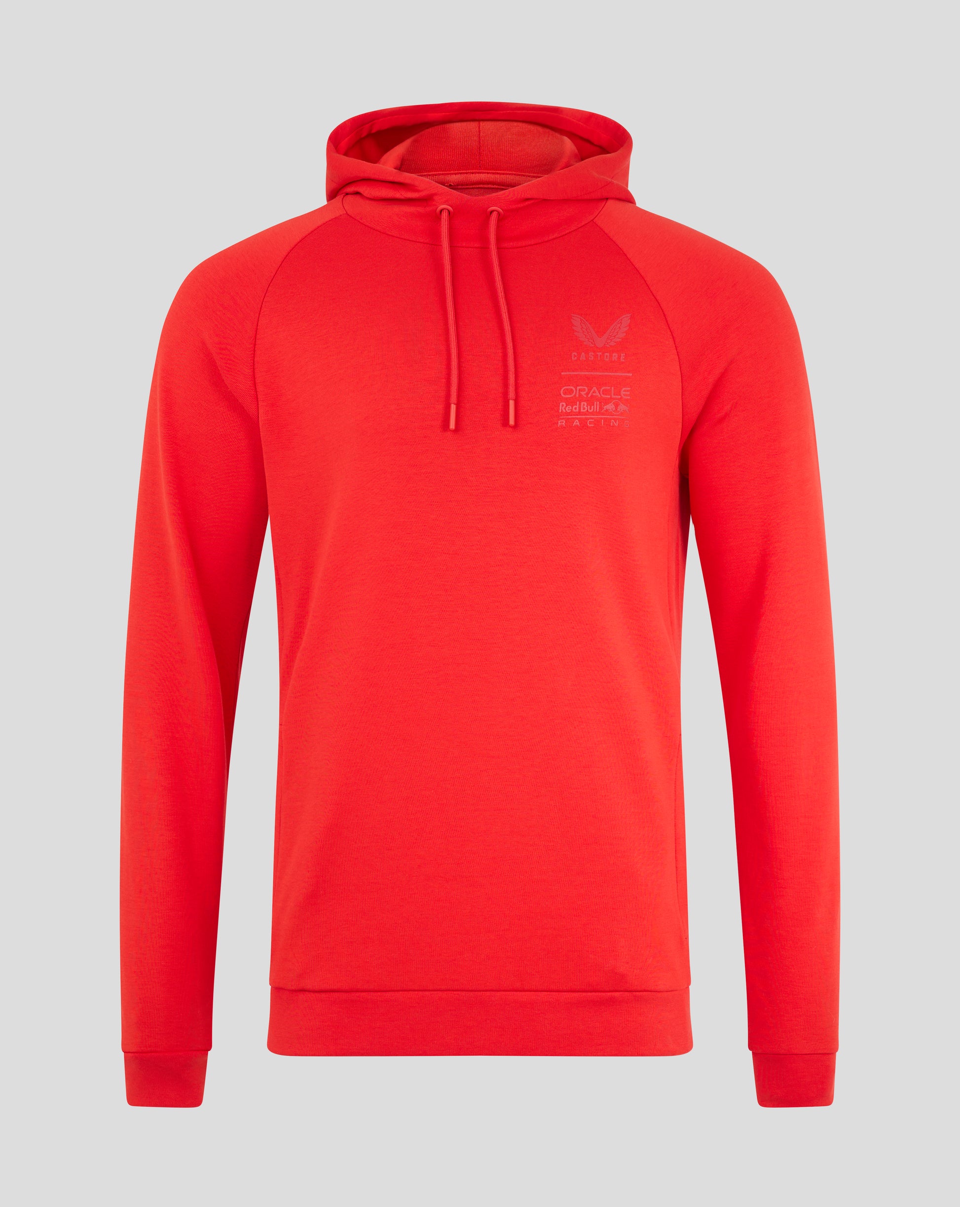 Flame Scarlet unisex overhead hoodie with chest logo and drawstrings