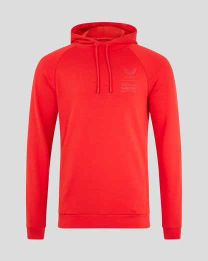 Flame Scarlet unisex overhead hoodie with chest logo and drawstrings