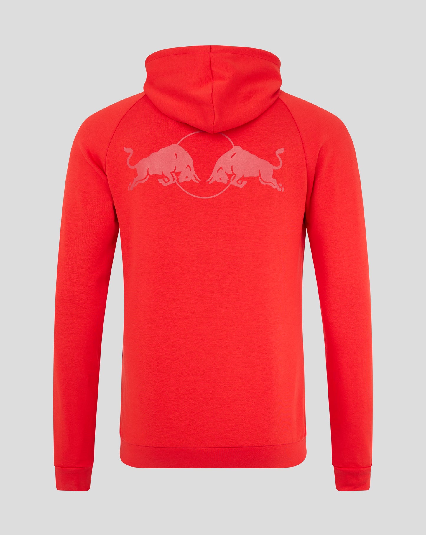 Back view of flame scarlet hoodie with hood up and a circular logo showing two charging bulls.