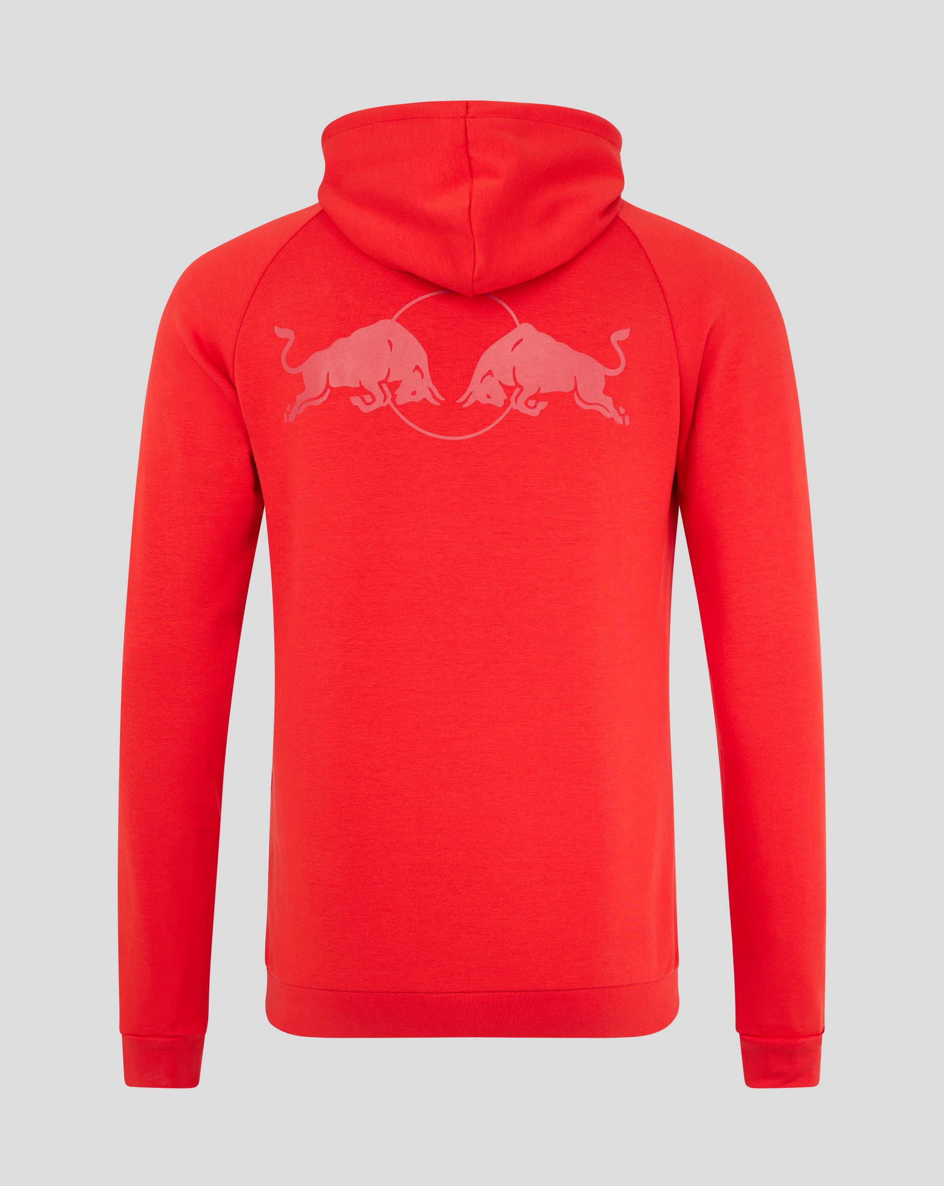 Back view of flame scarlet hoodie with hood up and a circular logo showing two charging bulls.