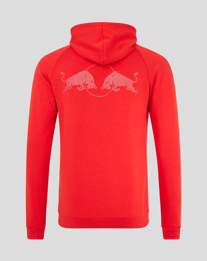Back view of flame scarlet hoodie with hood up and a circular logo showing two charging bulls.
