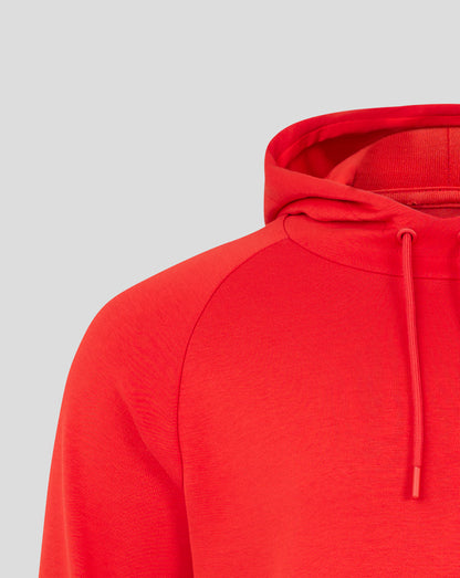 Close up of hooded neckline with drawstrings on flame scarlet hoodie showing textured knit and stitching.