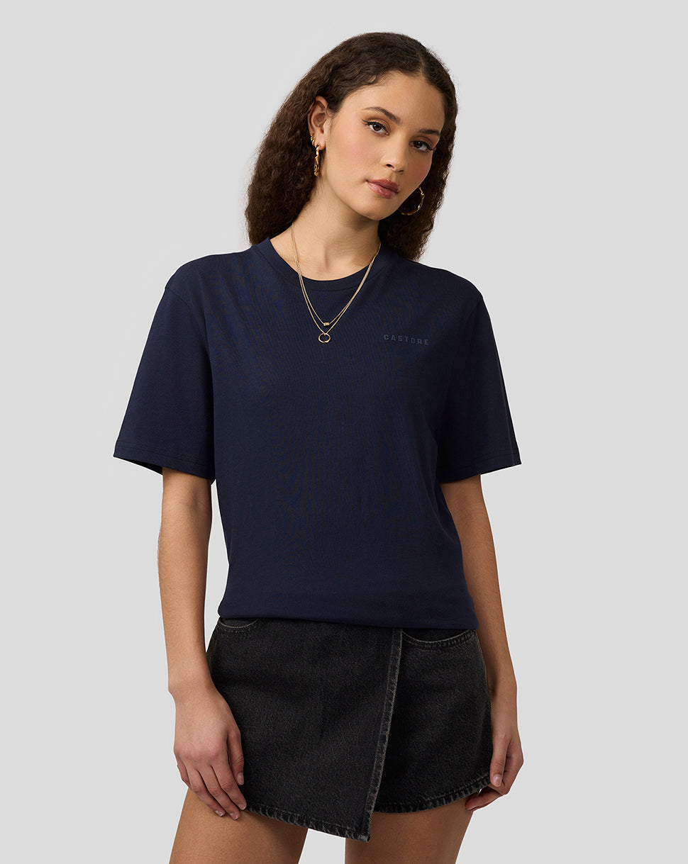 Navy Night Sky Oracle Red Bull Racing unisex regular fit T shirt on a female model with a left chest logo