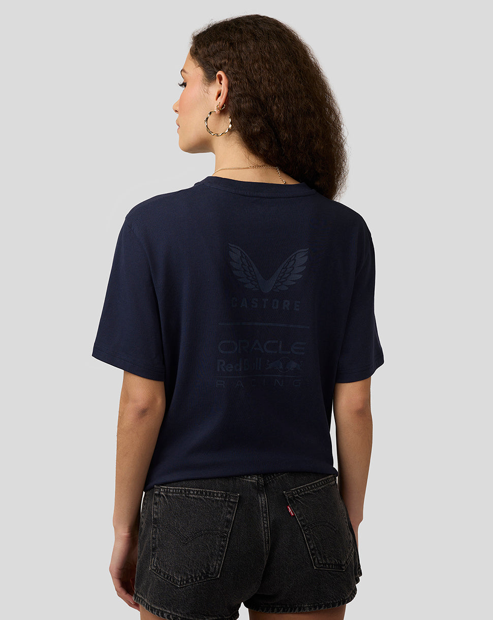 Back view of navy Night Sky T-shirt with large back print featuring the wing logo and branding.