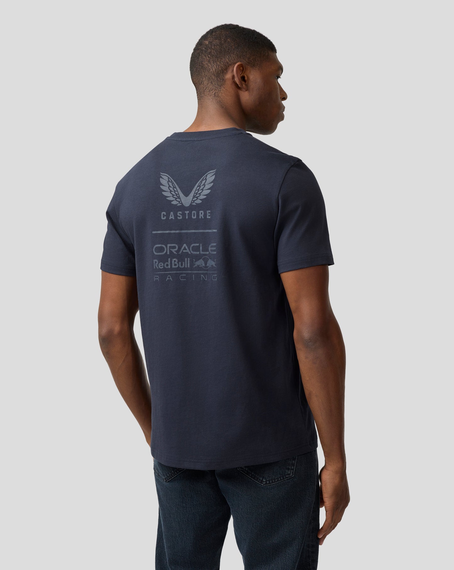 Back view of navy Night Sky T-shirt showing large wing logo and CASTORE Oracle Red Bull Racing branding.