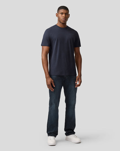 Navy Night Sky Oracle Red Bull Racing unisex regular fit T shirt worn by a male model with jeans and white sneakers