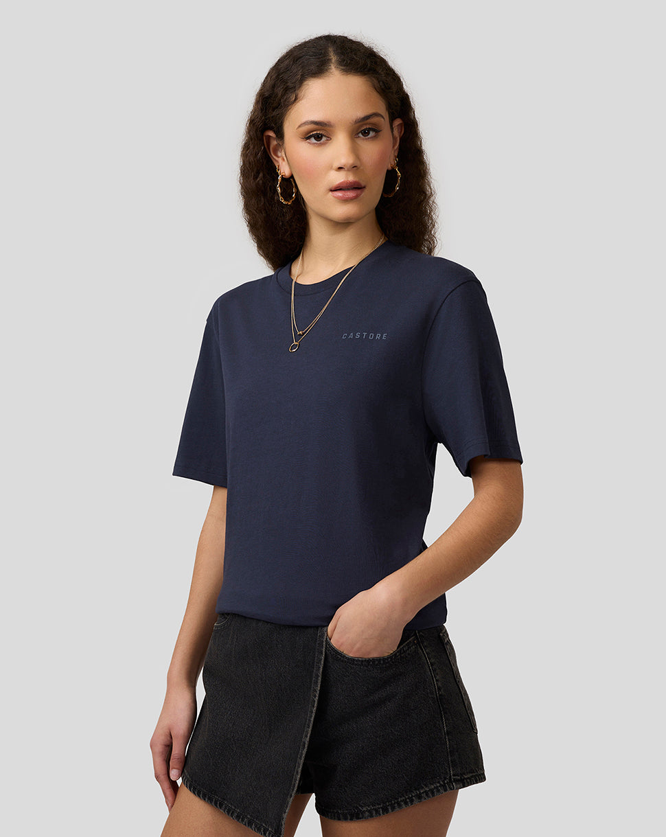 Model wearing navy Night Sky Oracle Red Bull Racing T-shirt with small chest logo.