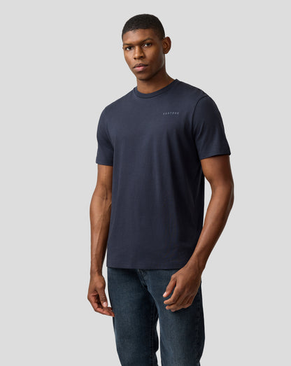 Navy Night Sky Oracle Red Bull Racing unisex regular fit T shirt on a male model with a small chest logo