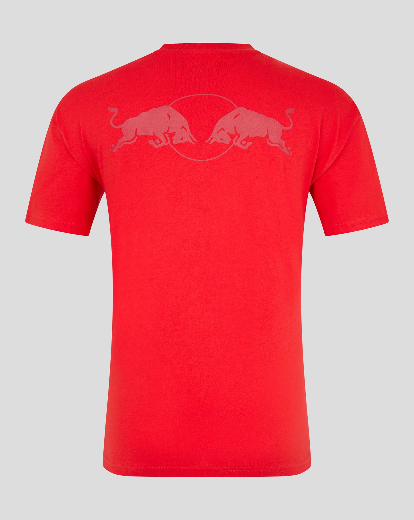 Back view of flame scarlet T shirt with Red Bull bulls logo inside a circle across the upper back