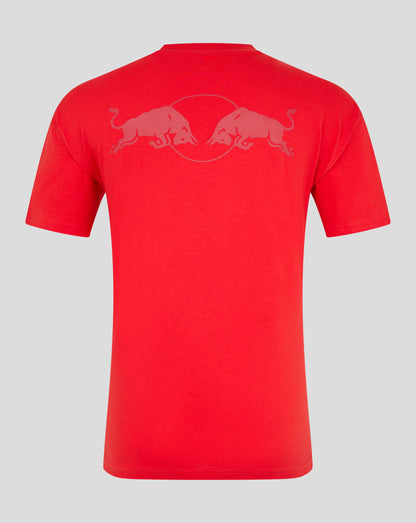 Back view of flame scarlet T shirt with Red Bull bulls logo inside a circle across the upper back