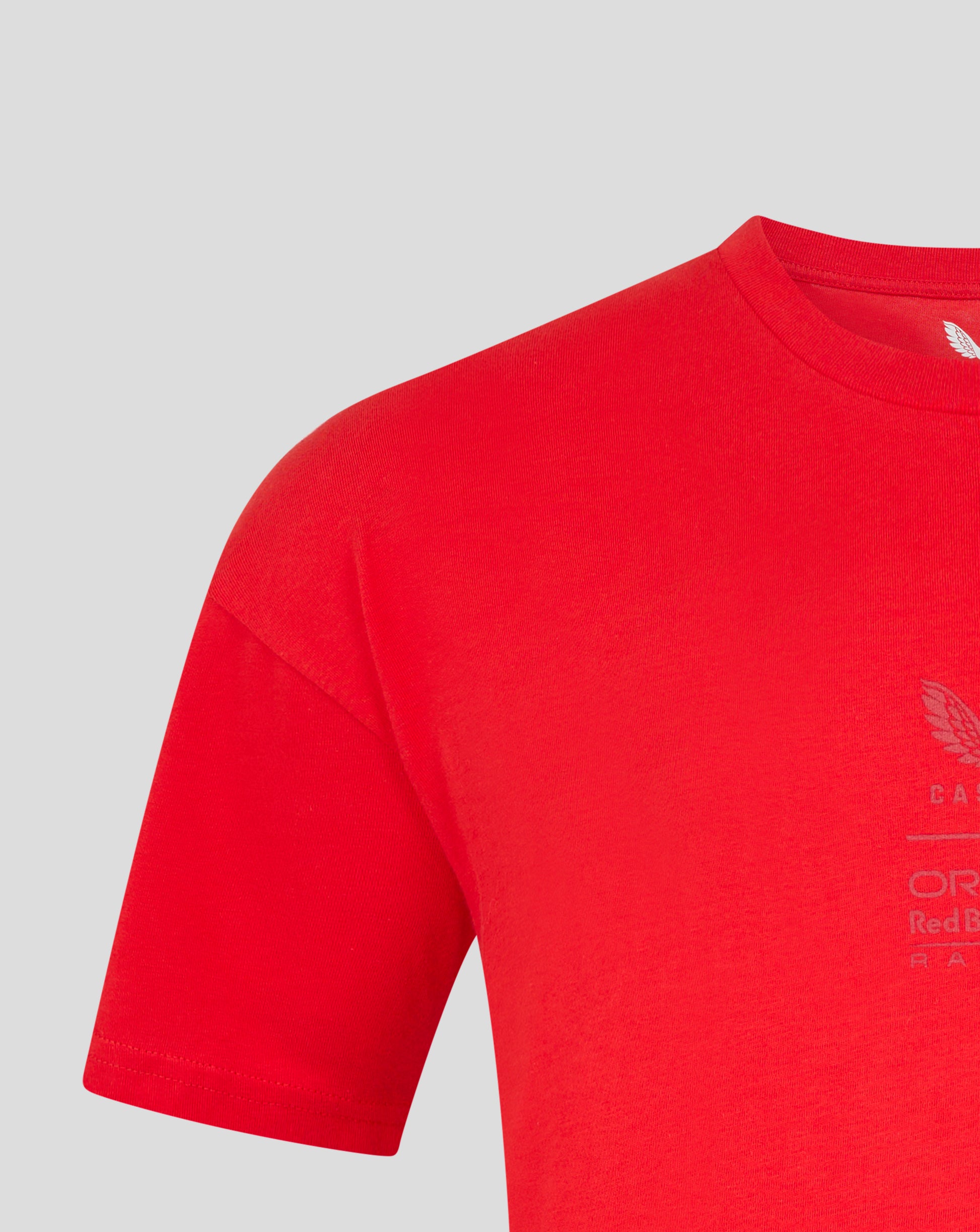 Close up of flame scarlet Oracle Red Bull Racing oversized T-shirt showing shoulder seam and collar.