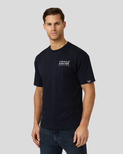 Navy oversized Max Verstappen crest T shirt on a model with a large back graphic and Castore label on the left sleeve