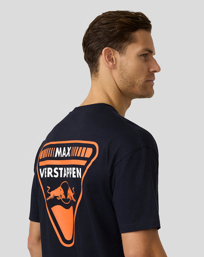 Back view of navy oversized Max Verstappen crest T shirt with large orange crest graphic