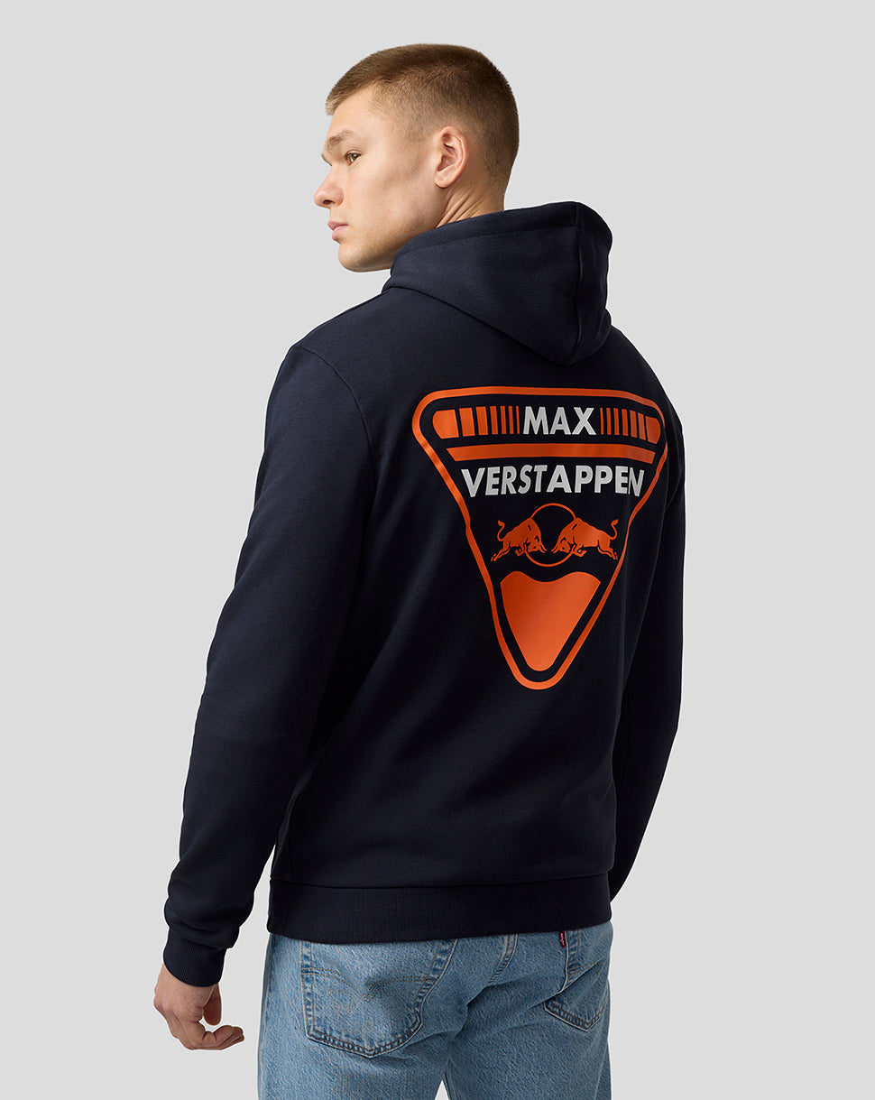 Back view of night sky hoodie with large orange crest on the back featuring Max Verstappen and Red Bull.