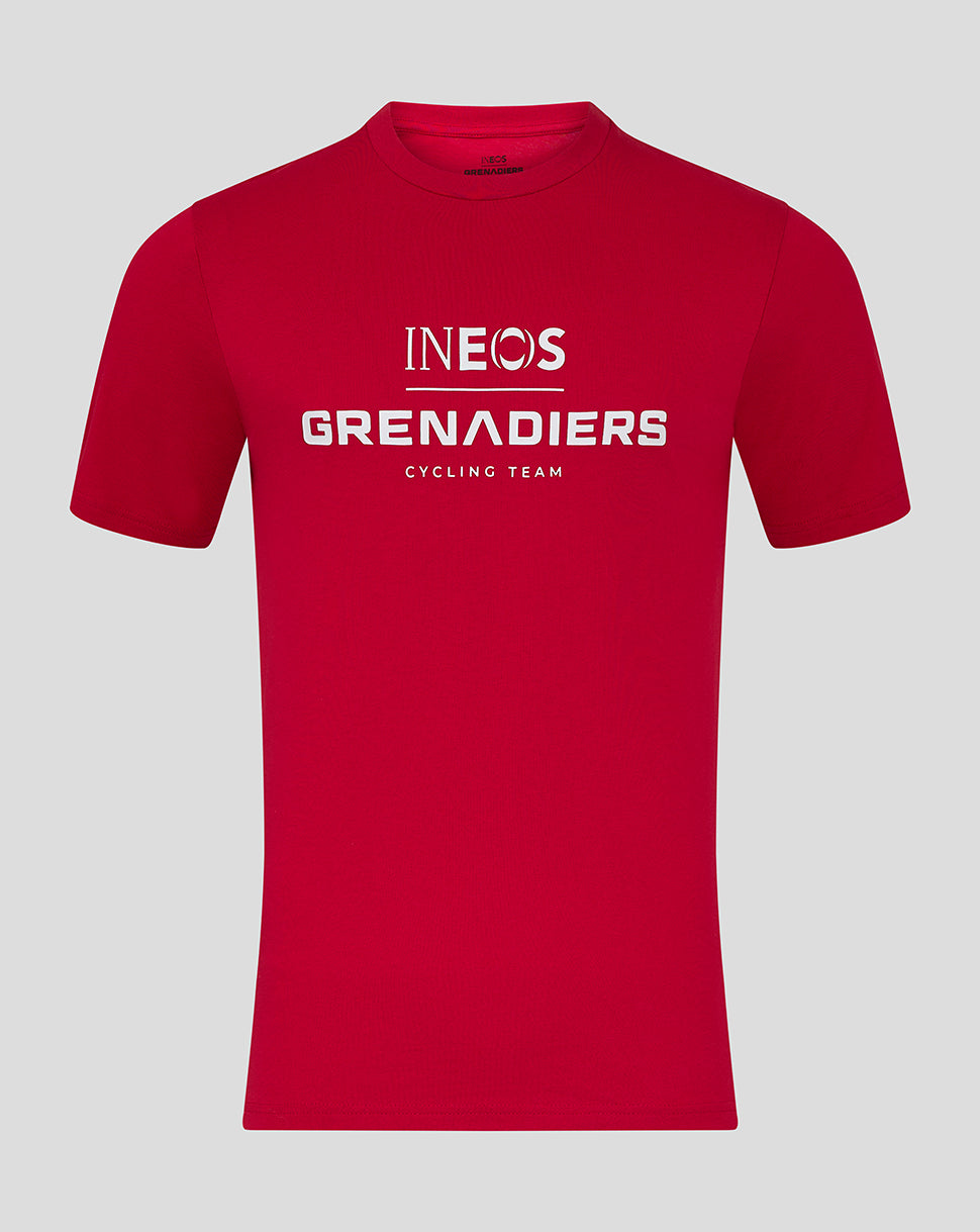 Red INEOS Grenadiers unisex T shirt front view with bold white logo across chest