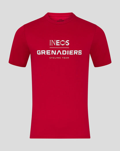 Red INEOS Grenadiers unisex T shirt front view with bold white logo across chest