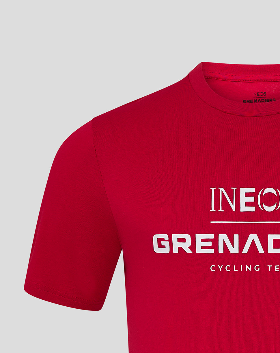 Close up of red INEOS Grenadiers T shirt neckline showing ribbed collar and inner branding
