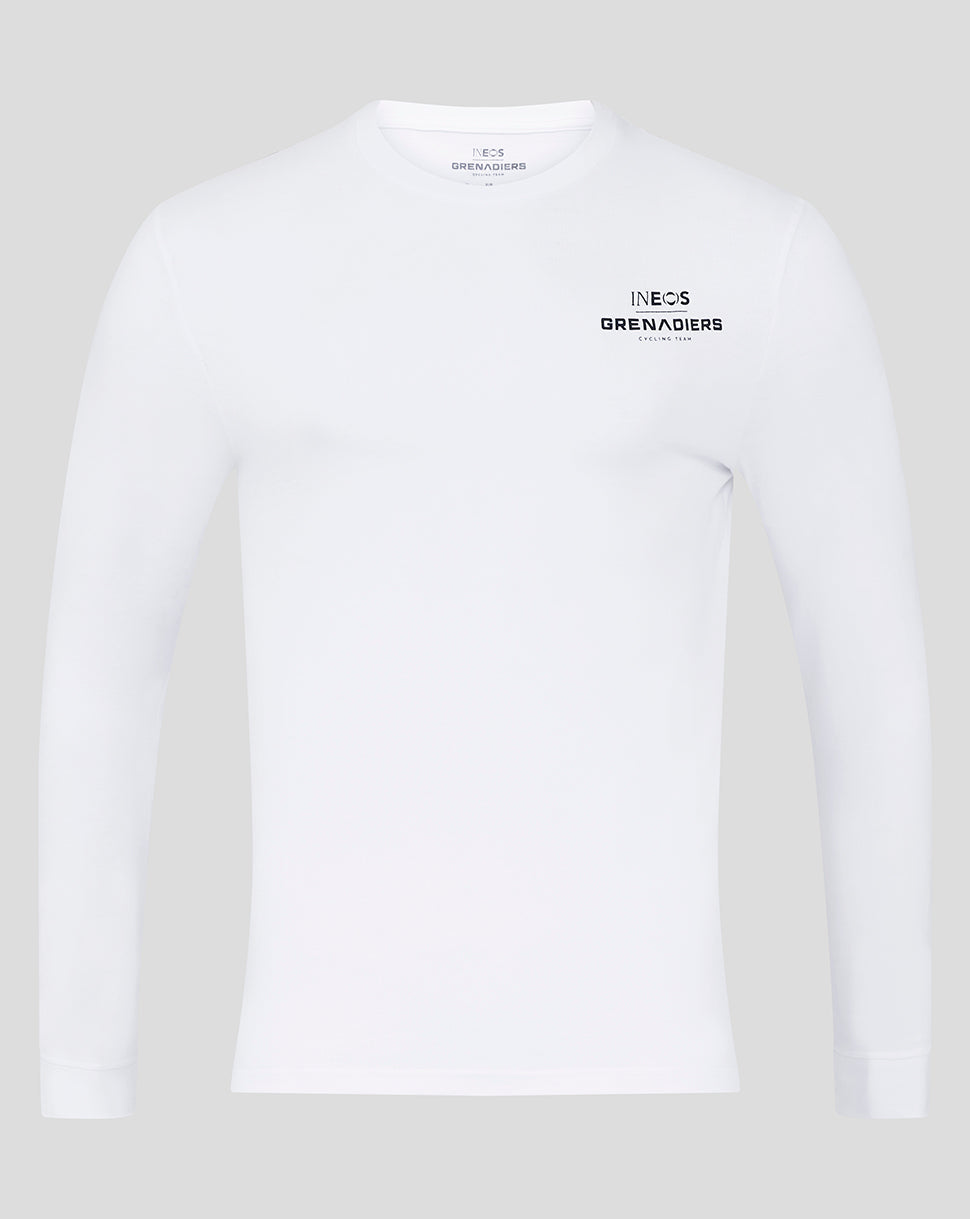 White INEOS Grenadiers core long sleeve T shirt with small logos on chest and sleeves