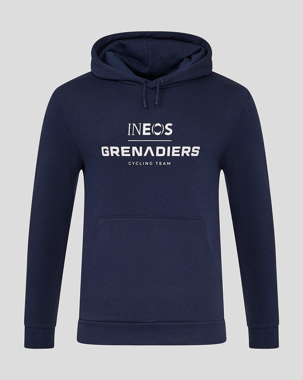Navy hoodie featuring the INEOS Grenadiers logo on the chest and a front pouch pocket.