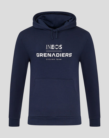 Navy hoodie featuring the INEOS Grenadiers logo on the chest and a front pouch pocket.