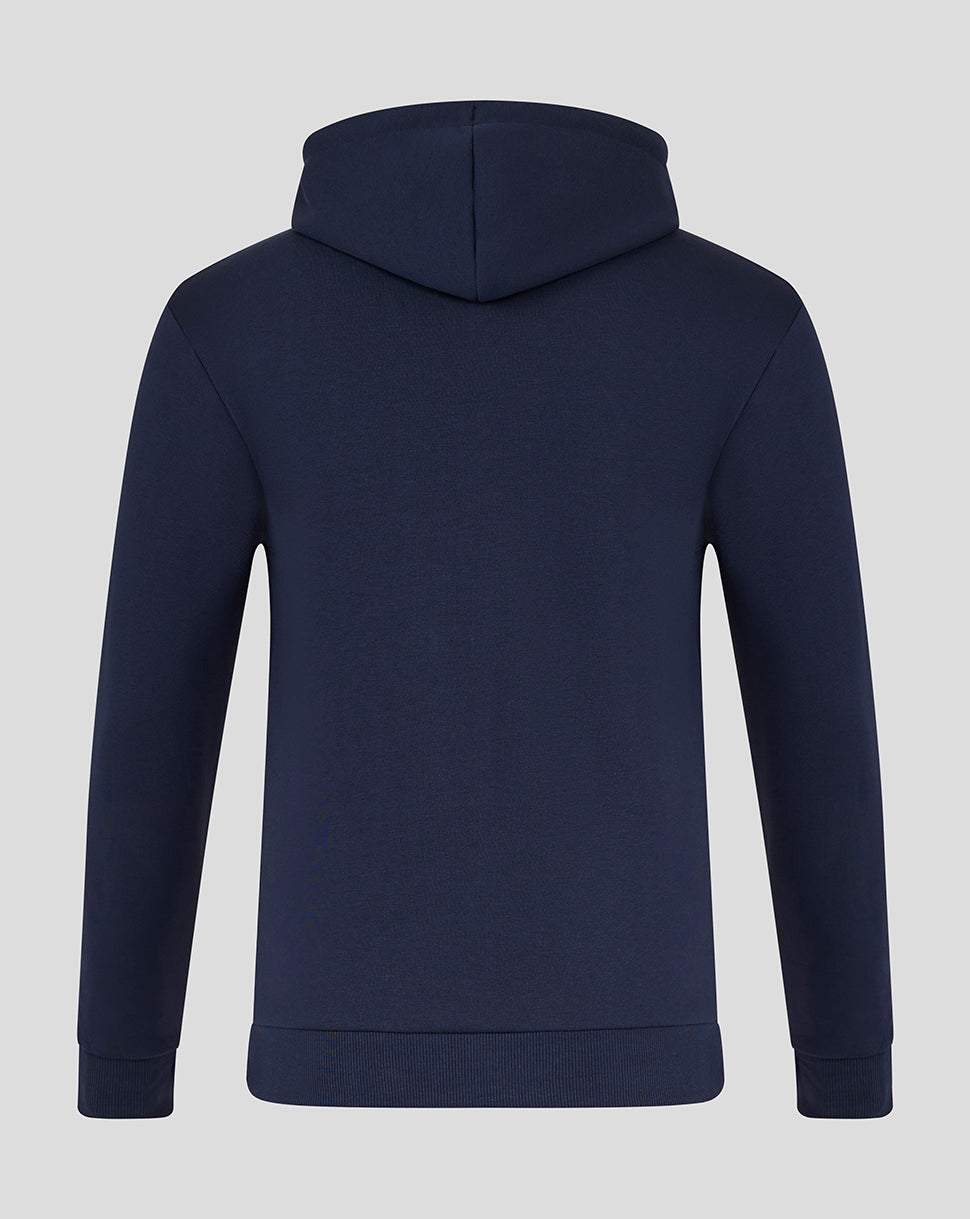 Rear view of navy INEOS Grenadiers unisex hoodie highlighting hood and ribbed hem.