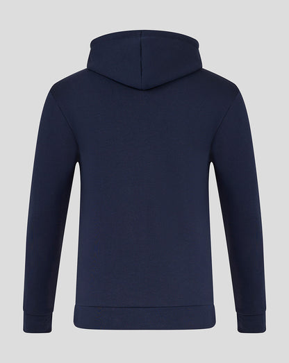 Rear view of navy INEOS Grenadiers unisex hoodie highlighting hood and ribbed hem.