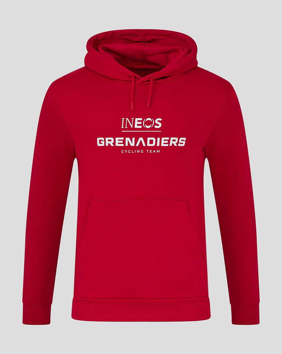 Red INEOS Grenadiers hoodie with white logo on chest, drawstring hood and front pocket.