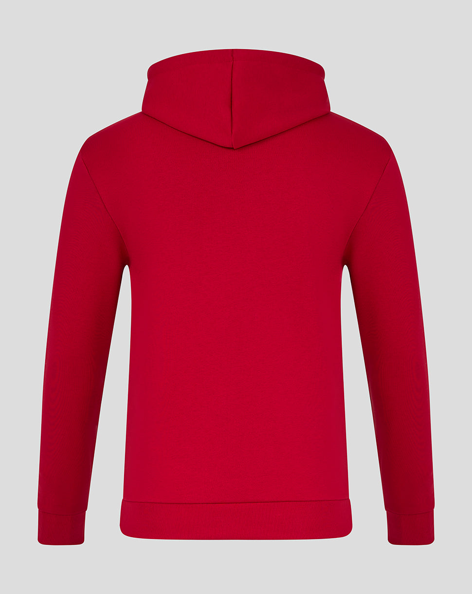 Back view of red INEOS Grenadiers unisex hoodie with hood up and minimal seams.