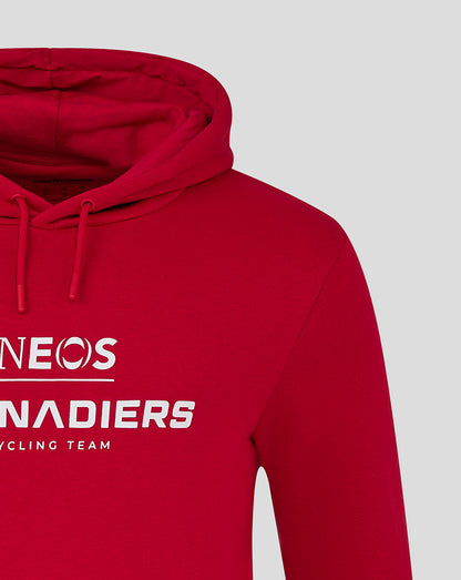 Red INEOS Grenadiers unisex hoodie with white logo on the chest and a drawstring hood.