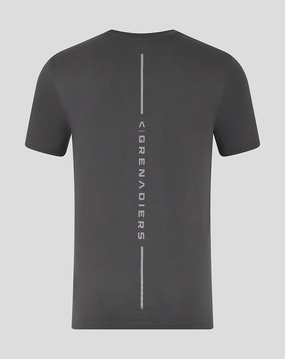 Back view of grey Ineos Grenadiers T shirt with vertical branding down the center