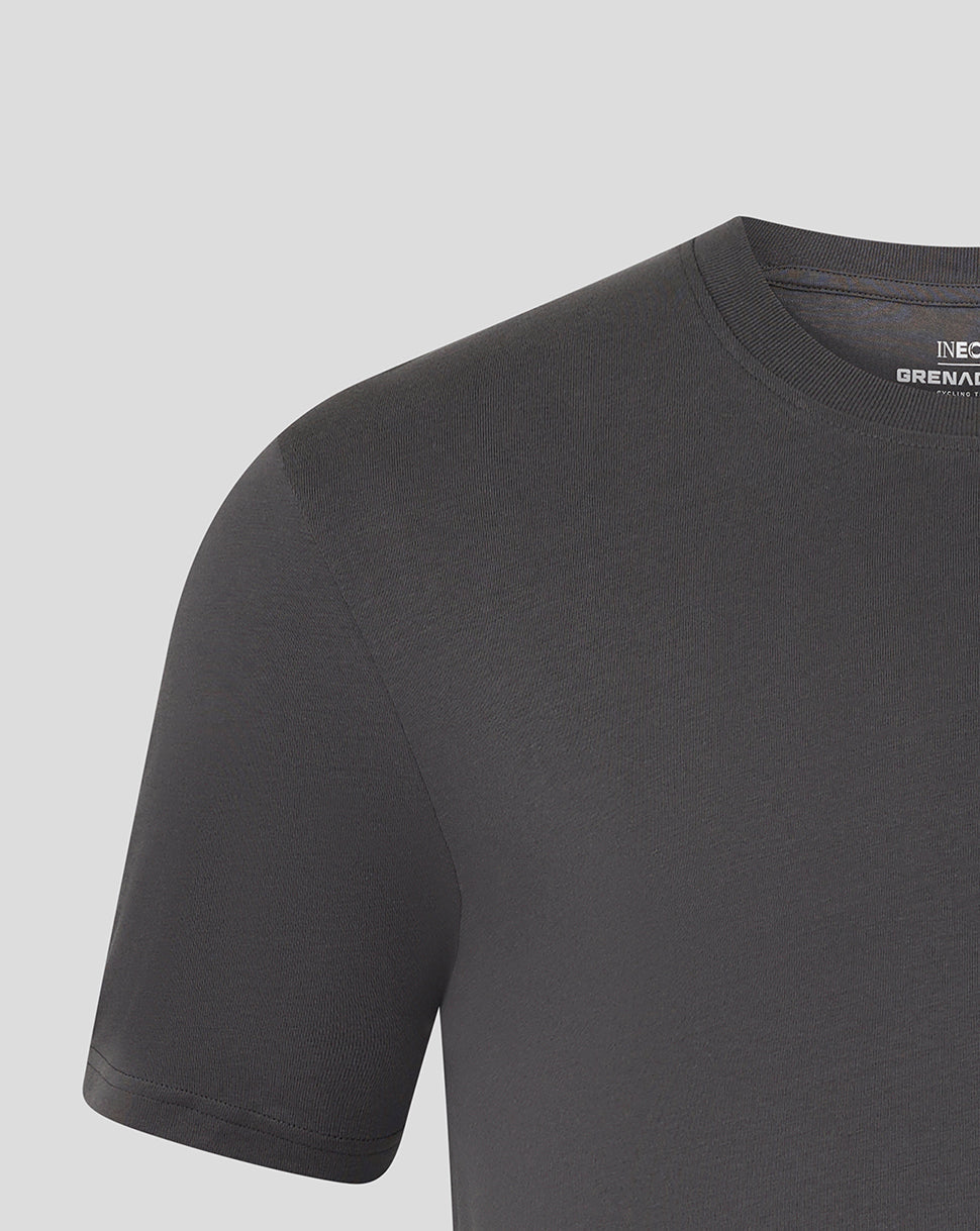 Close up of grey Ineos Grenadiers T shirt showing shoulder and neck seam details